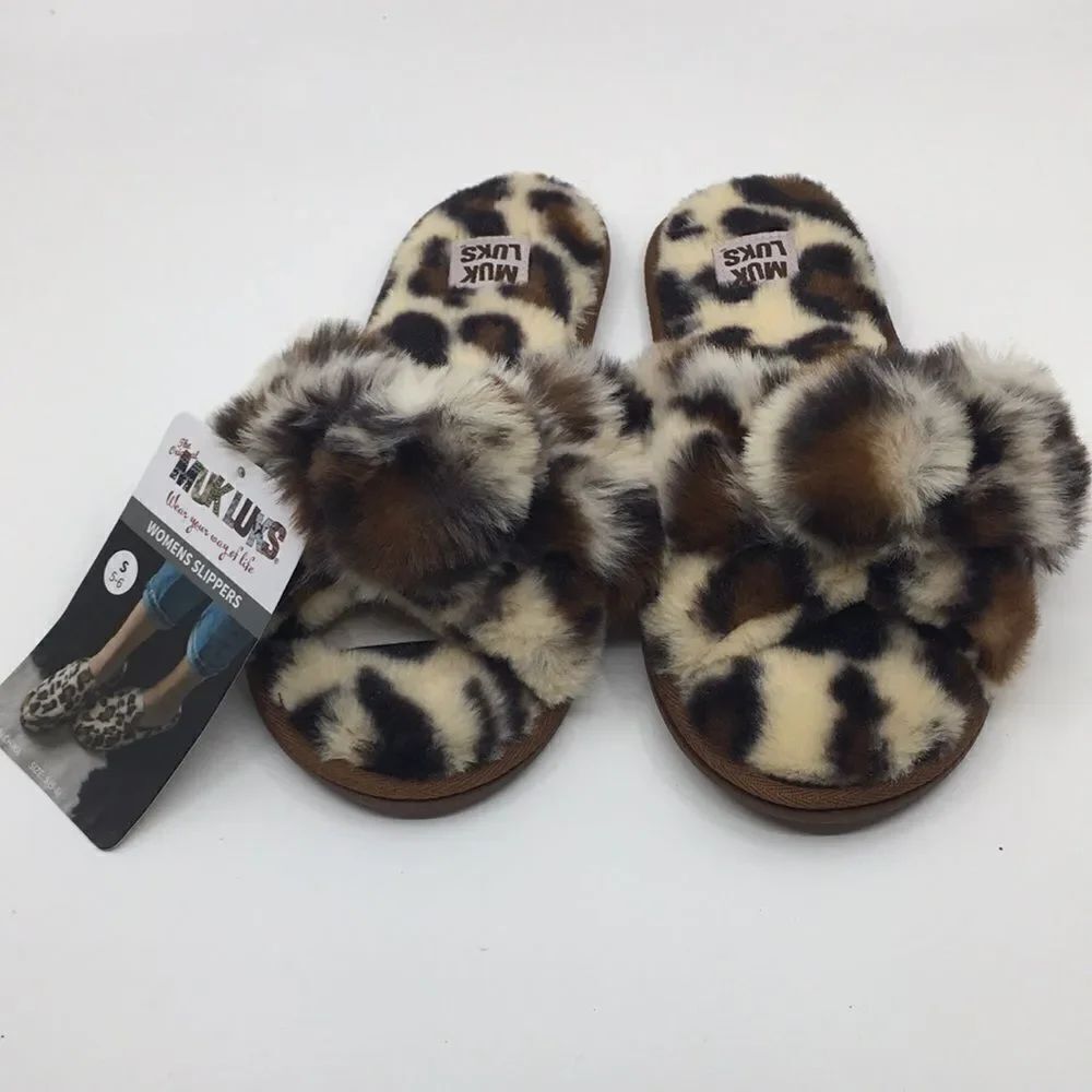 NWT Muk Luks Slippers slides fuzzy furry animal print Sz Small 5-6